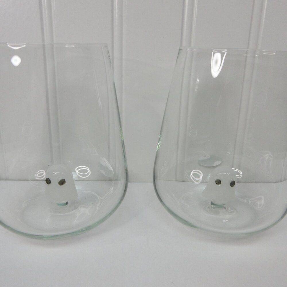 Halloween Stemless Wine Glass Set w/ White Ghost Design 16.5oz Way to Celebrate